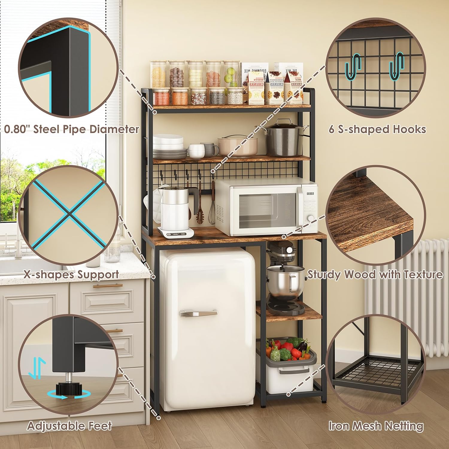 Multi-Functional Mini Fridge Stand, Mini Fridge and Microwave Storage Shelves with Power Outlet, Large Bakers Rack and Storage for Kitchen Appliances, Perfect for Dorm Kitchen Coffee Bar