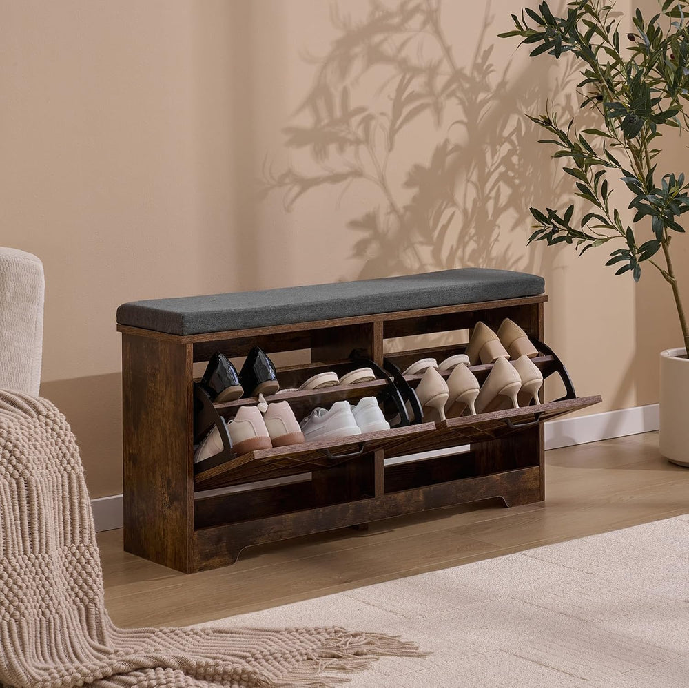 Shoe Storage Bench with 2 Flip Drawers & Barn Doors, Entryway Shoe Cabine...