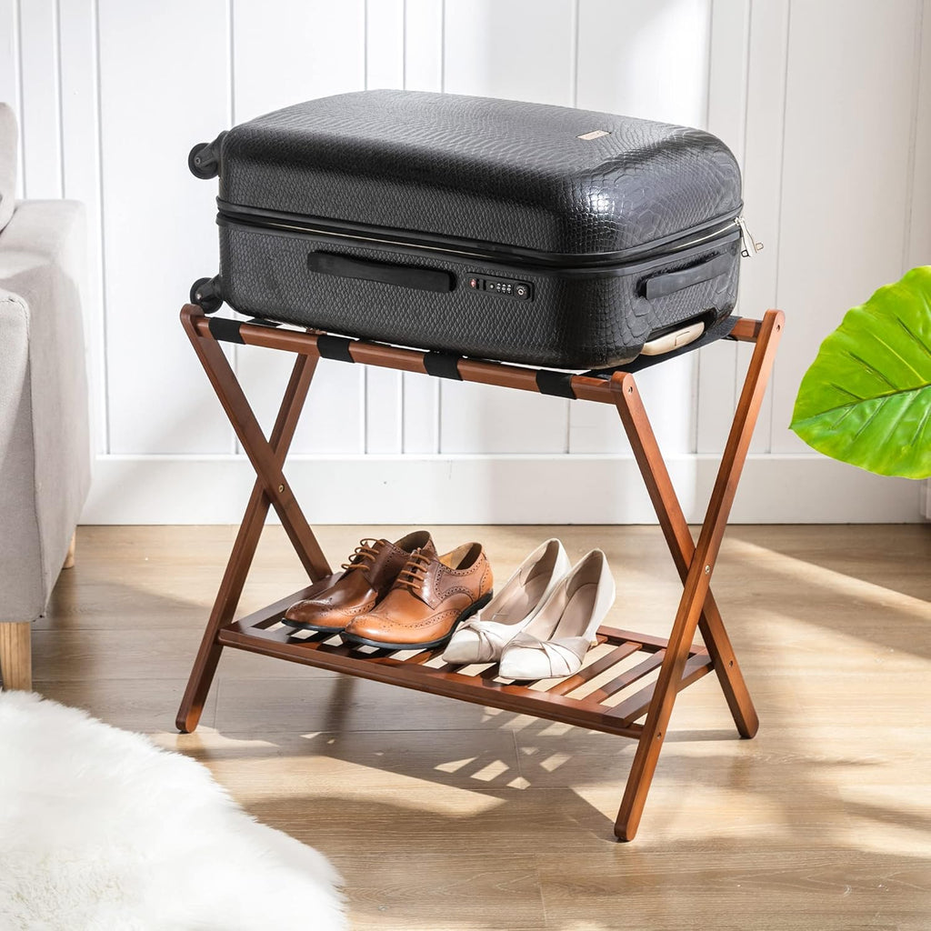 Luggage Racks Suitcase Stand Foldable With Storage Shelf For Guest Room Hotel Essentials Solid Bamboo Heavy-Duty Item Holder Chestnut Brown