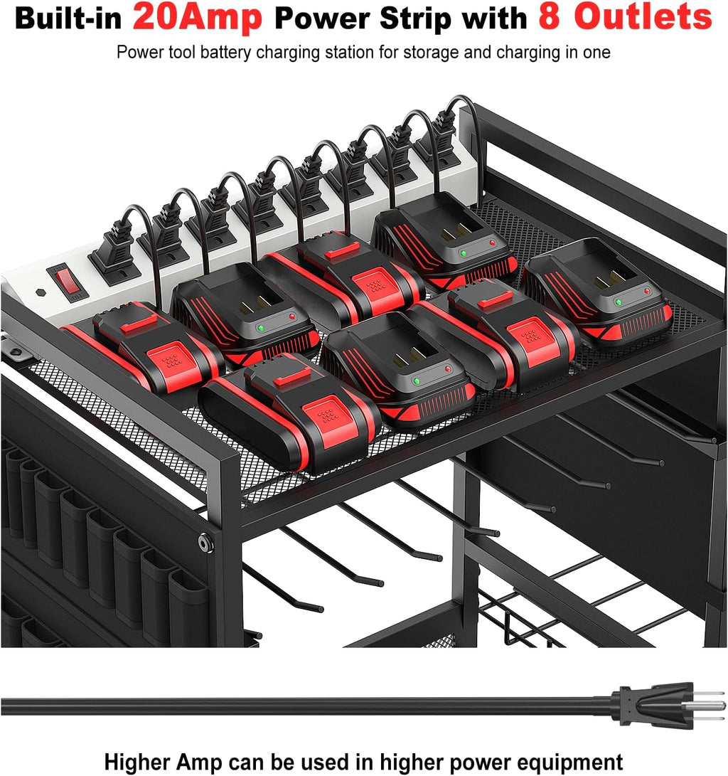JUNNUJ Garage Large Power Tool Organizer Cart with 20A Charing Station, Heavy Duty Drill and Tools Battery Holder Storage Rack, Floor Standing Rolling Tool Cart on Wheels, Black