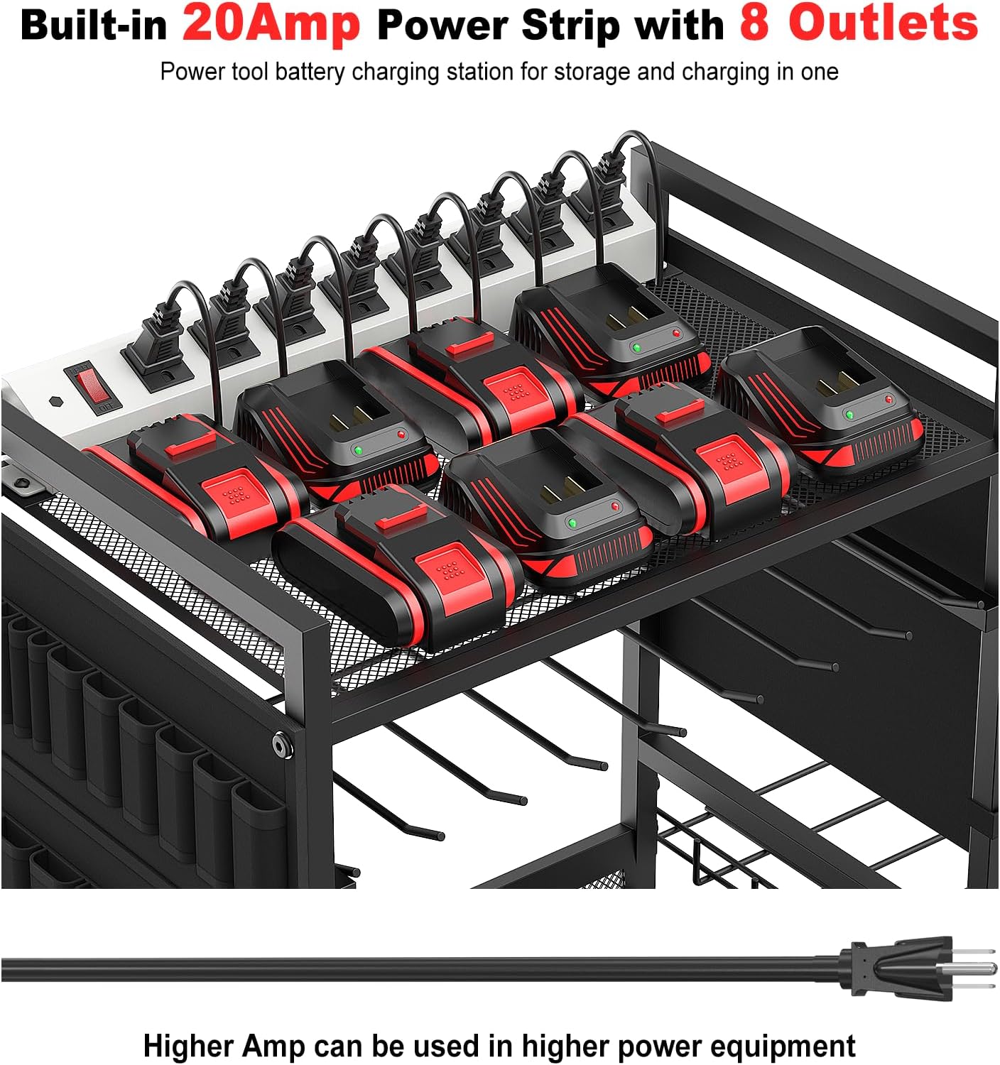 JUNNUJ Garage Large Power Tool Organizer Cart with 20A Charing Station, Heavy Duty Drill and Tools Battery Holder Storage Rack, Floor Standing Rolling Tool Cart on Wheels, Black