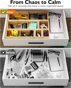 12-Piece Bamboo Desk Drawer Organizer Tray – Adjustable Storage Boxes with 24 Adjustable Compartments for Office Drawer, Jewelry, Vanity & Desk Accessories