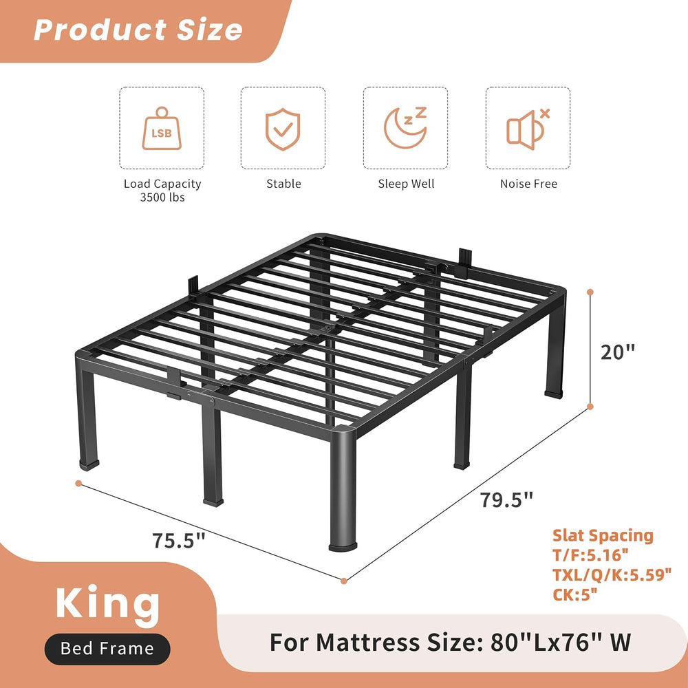 VIPSHOW 20 Inch King Heavy Duty 3500lbs Bed Frame with Round-Corner
