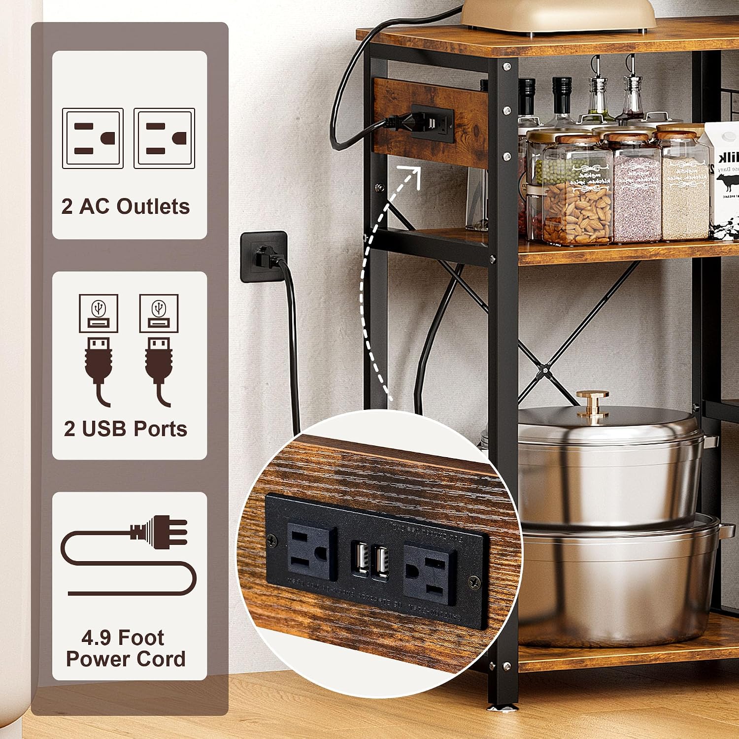 SogesPower 3-Tier Kitchen Baker's Rack Microwave Stand Storage Rack,Multifunctional Storage Shelf Organizer with USB Ports and Charging Station Outlets is Suitable for Kitchen,Living Room and Corridor