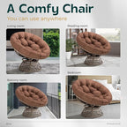 Bme 40" Ergonomic Wicker Papasan Chair with Soft Thick Density Fabric Cushion, High Capacity Steel Frame, 360 Degree Swivel for Living, Bedroom, Reading Room, Lounge, Cinnamon Mocha - Brown Base