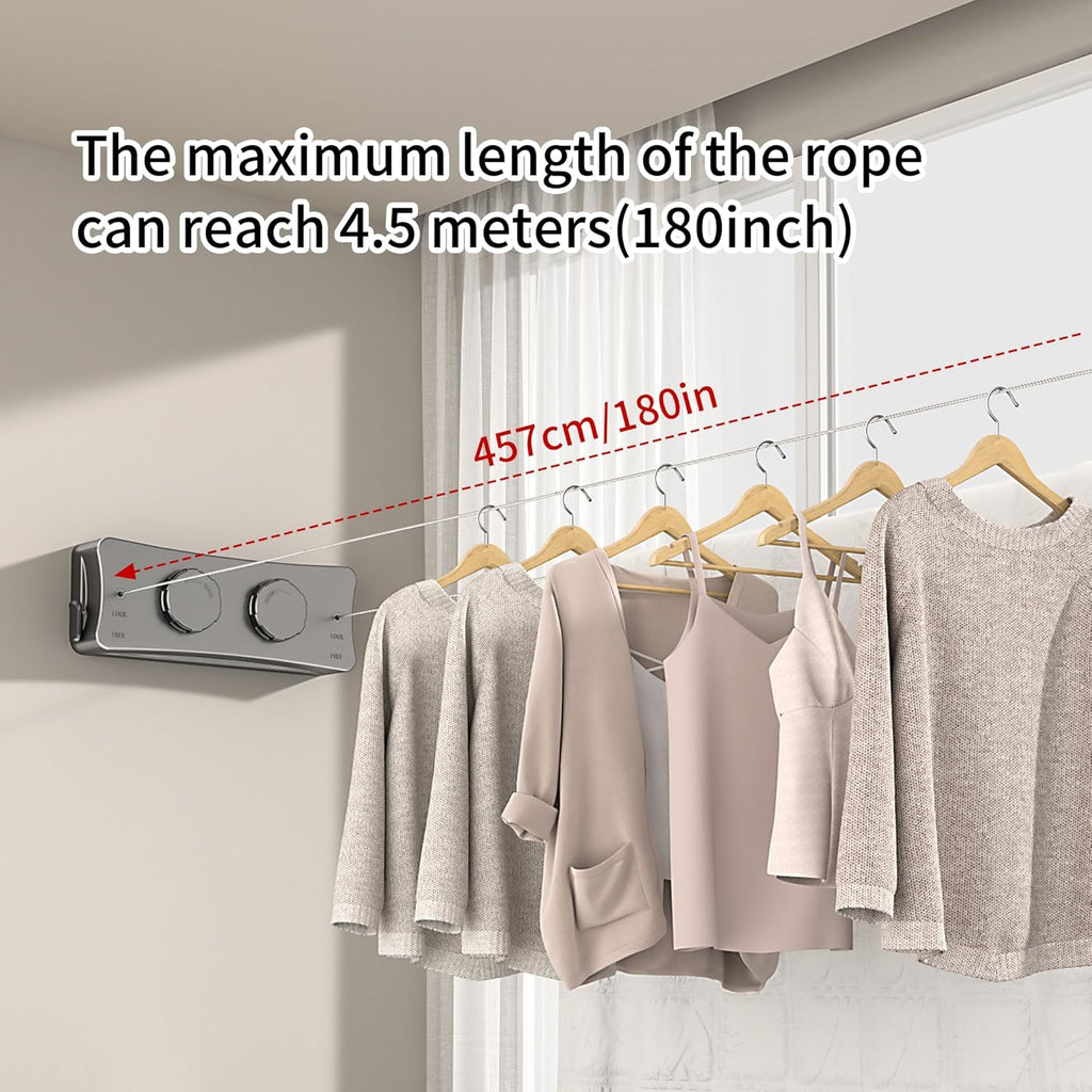 JOOM Retractable Clothesline Heavy Duty Clothes Drying Laundry Line Wall Mounted Easy Hanging Clothes Drying Laundry Line Retracting Hanging Lock to Prevent Sagging (Two line,Grey)