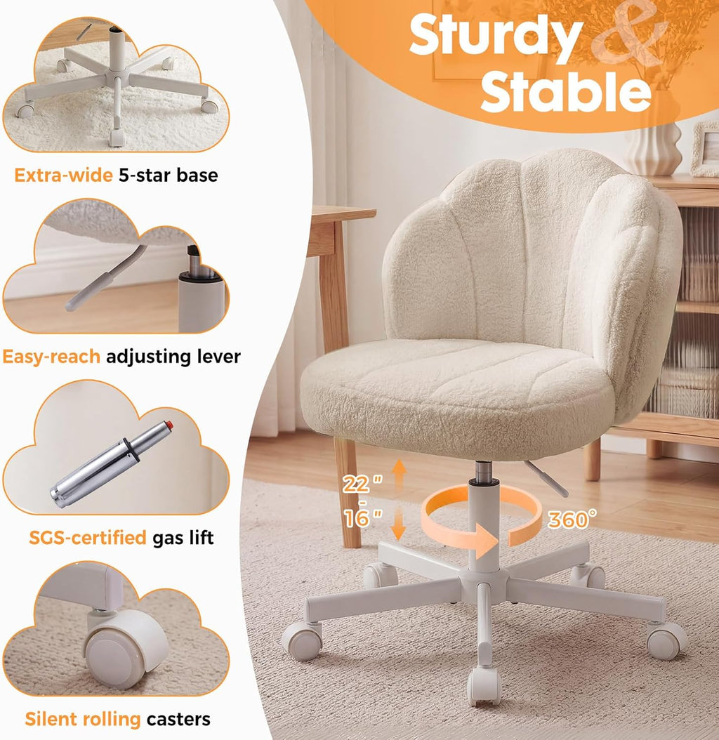 COMHOMA Petal Vanity Chair with Wheels, Cute Desk Chair for Girls Women, Upholstered Home Office Chair with Backrest, Height Adjustable Armless Swivel Chair for Bedroom, Teddy Fleece, Beige