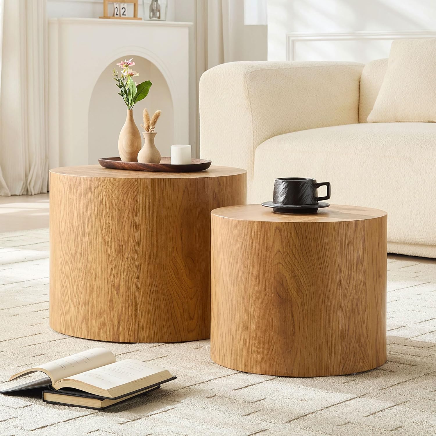 WILLIAMSPACE Round Nesting Coffee Table Set of 2, Modern Wooden Coffee Tables Circle Center Table for Small Space Accent End Side Table for Living Room Bedroom, No Assembling (Natural)