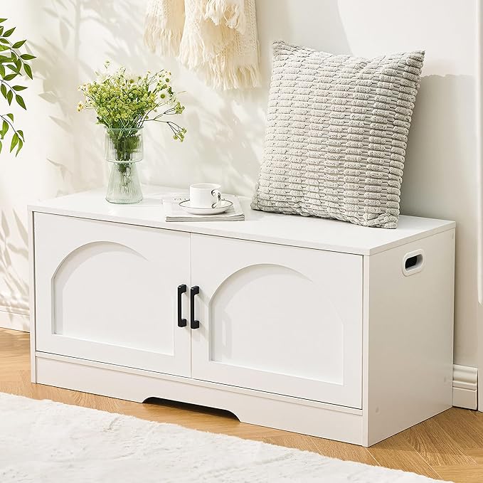 Storage Bench, 39.4" Shoe Bench with Storage, 2 Tier Entryway Bench with 2 Doors, Adjustable Shelf, 39.4" W x 15.8" D x 18.1" H, Holds up to 330lbs for Entryway Living Room Bedroom Hallway, White