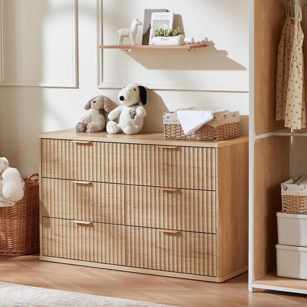 LEYAOYAO Fluted 6 Drawers Dresser, 48" Wide Modern Chest of Drawers with Wood Grain Top, Curved Profile Design, Dresser TV Stand, Wood Drawer Organizer for Bedroom, Living Room, Hallway,Natural