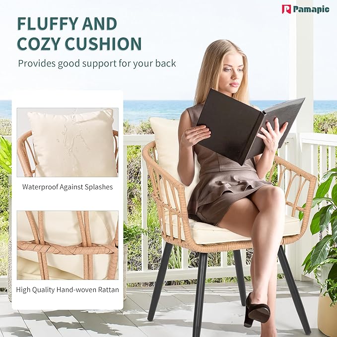 Pamapic 5-Pieces Patio Dining Set with Wood Table Top, All-Weather PE Rattan Patio Furniture Set, Outdoor Dining Furniture with Removable Cushion Chairs & Round Table for Garden Lawn Patio,Cream