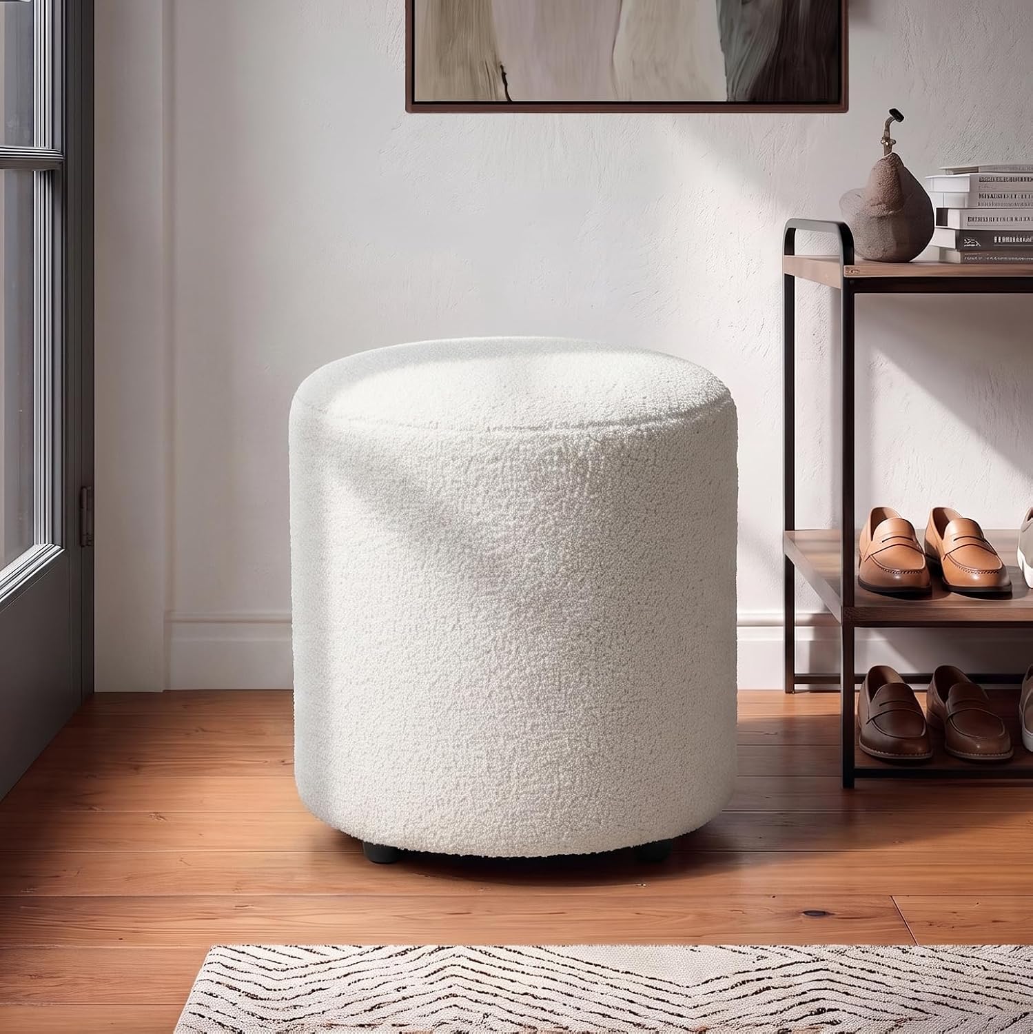 Modern Round Vanity Stool, Small Ottoman, Cute Fabric Foot Stool, Teddy Fleece Footrest, Upholstered Vanity Chair, Stool for Makeup, Bedroom, Living Room (1, Round-White)