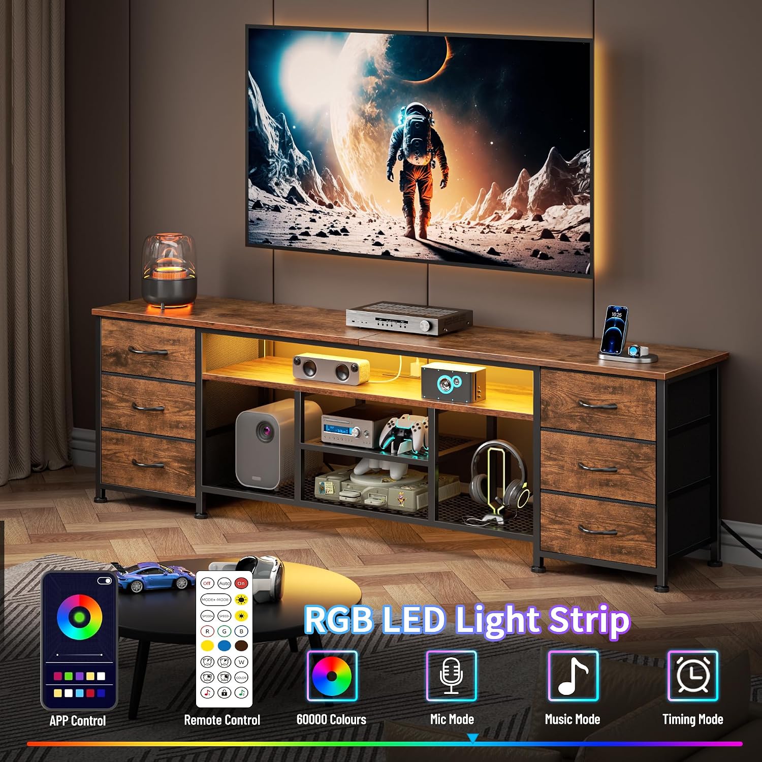 Furologee 63 Inch LED TV Stand, Entertainment Center, Rustic Brown | TV Stand for 65, 70 Inch TV, TV Console with Power Outlets & 6 Fabric Drawers, for Living Room, Bedroom