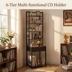 CD Storage Rack, 6-Tier DVD Organizer Shelf with Drawer & Adjustable Book Stoppers, Vinyl Record Holder &Multi-Purpose Media Organizer, Ideal for Living Room/Home Office,15.7x11.8x64.3Inch