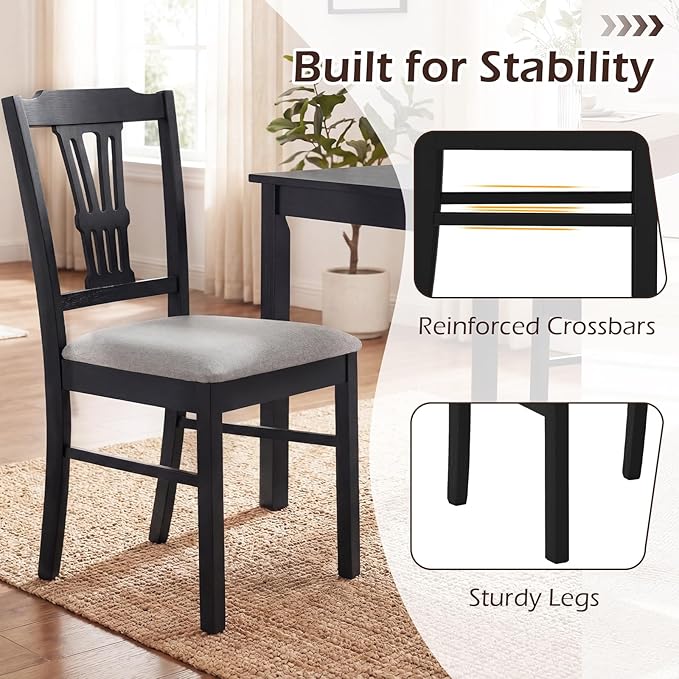 Giantex Wooden Dining Chairs Set of 2, Upholstered Kitchen Chairs with Solid Rubber Wood Frame, Hollowed Backrest & Soft Padded Seat, Armless Dining Chairs for Kitchen, Dining Room, Black & Gray