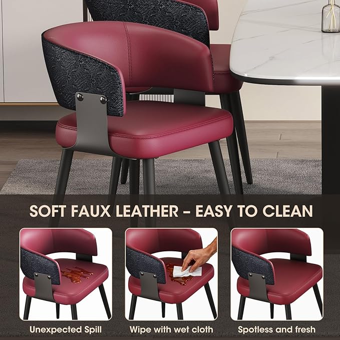 Modern Dining Chairs Set of 4, Upholstered Faux Leather Kitchen Side Chairs with Curved Open Back, Easy Assembly for Dining Room, Restaurant, Cafe, Magenta
