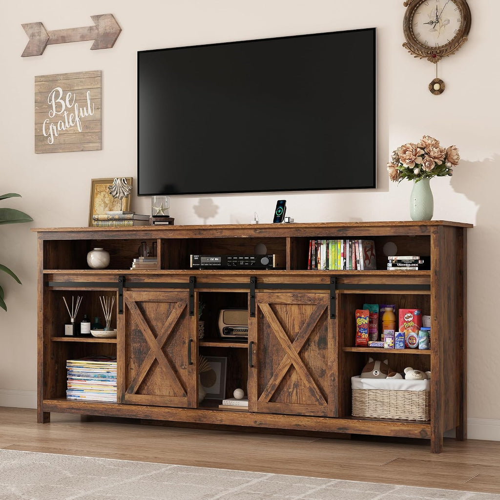 57" LED Farmhouse TV Stand for 65/60/55 Inch TVs,Tall Entertainment Center Storage Cabinets w/Power Outlets and Sliding Barn Door,Rustic TV Stands for Living Room,Media Console Cabinet (Brown)