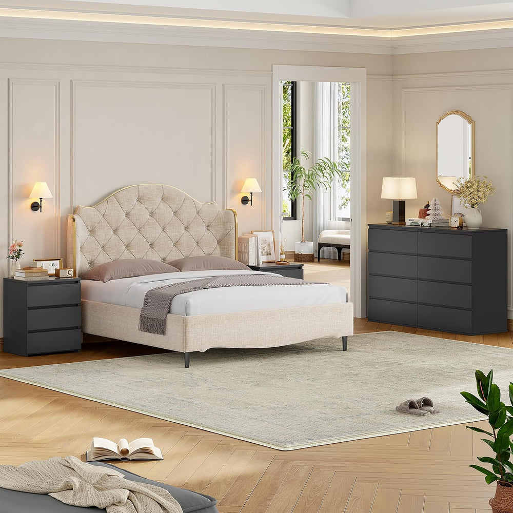 FOTOSOK Nightstands Set of 2, Black Nightstand with 3 Drawers for Bedroom | B...
