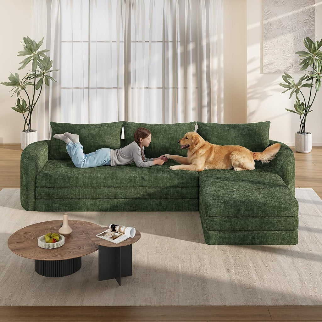 Vesgantti 6 in 1 Convertible Folding Sofa Bed, Futon Sectional Couch, Green | 110.2" L Shaped Modular Sleeper Sofa, Curved Armrest, Deep Seat Boneless Couches for Living Room, Chenille, Right Facing