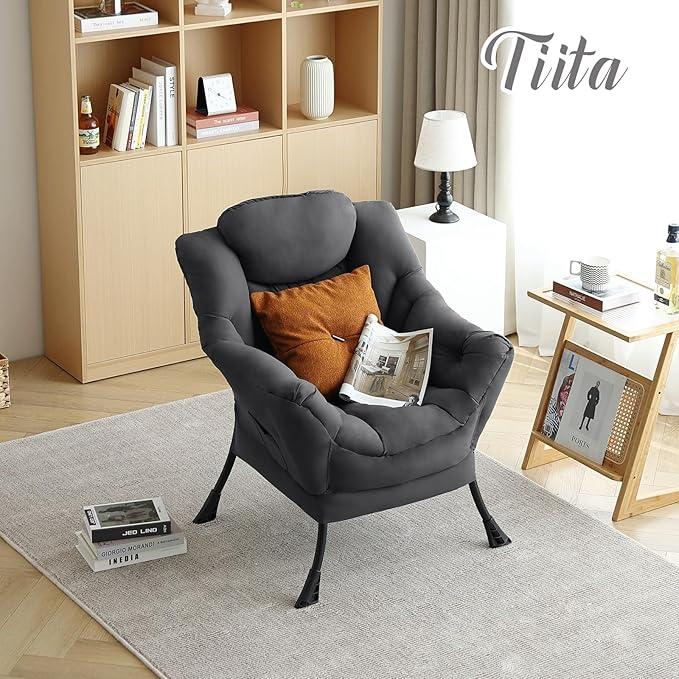 Tiita Lazy Chair, Modern Large Accent Lounge Armchair, Comfy Leisure Sofa Reading Chair with Footrest for Bedroom, Living Room, Dorm Rooms, Garden and Courtyard, Dark Grey