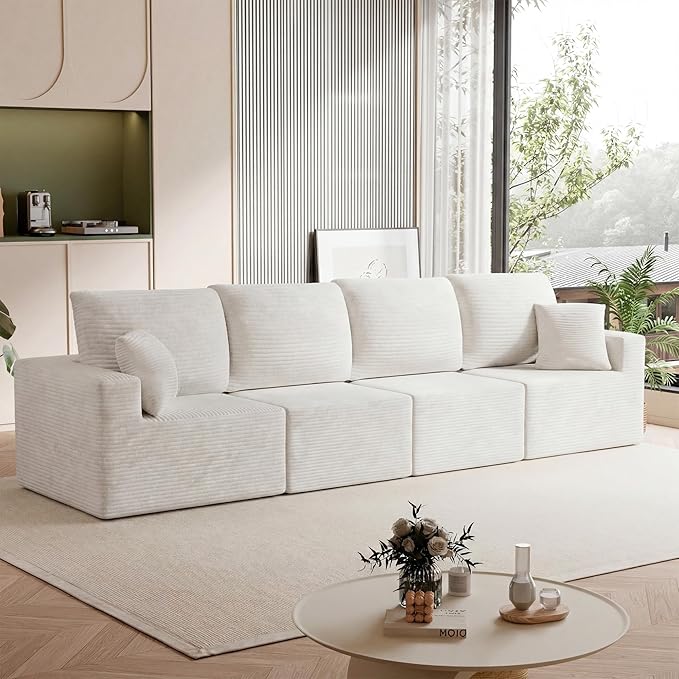 Homall Sectional Couches for Living Room, Modern Boneless Couch with Deep Seat, Upholstered Cloud Sofa, No Assembly Required (Beige, Four-Seater Sofa)