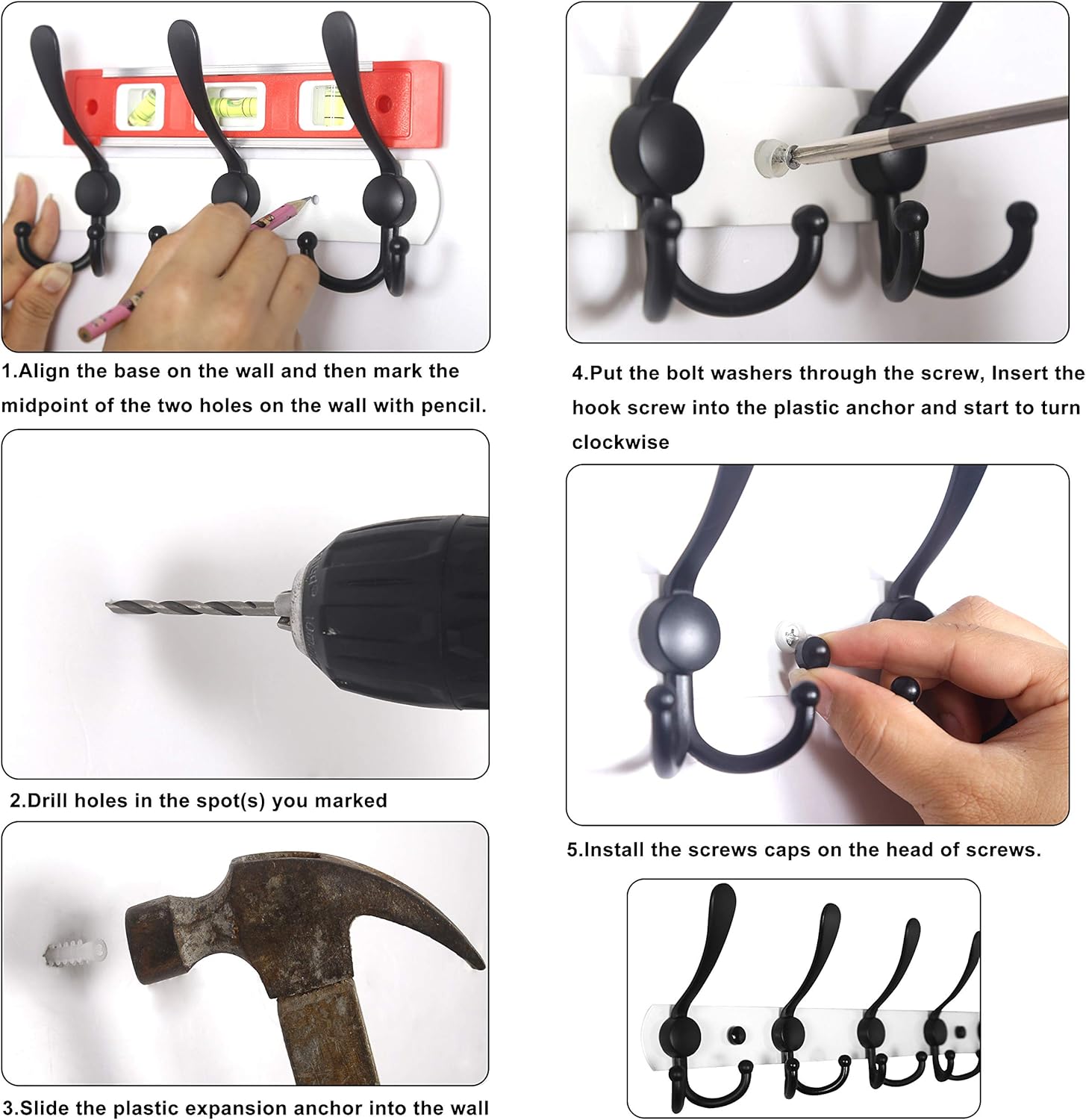 WEBI Coat Rack Wall Mounted,5 Coat Hooks for Hanging Coats,Heavy Duty Metal Double Hook Rack Hook Rail Wall Coat Rack with Hooks Coat Hanger Wall Mount for Clothes Entryway Jacket,Black