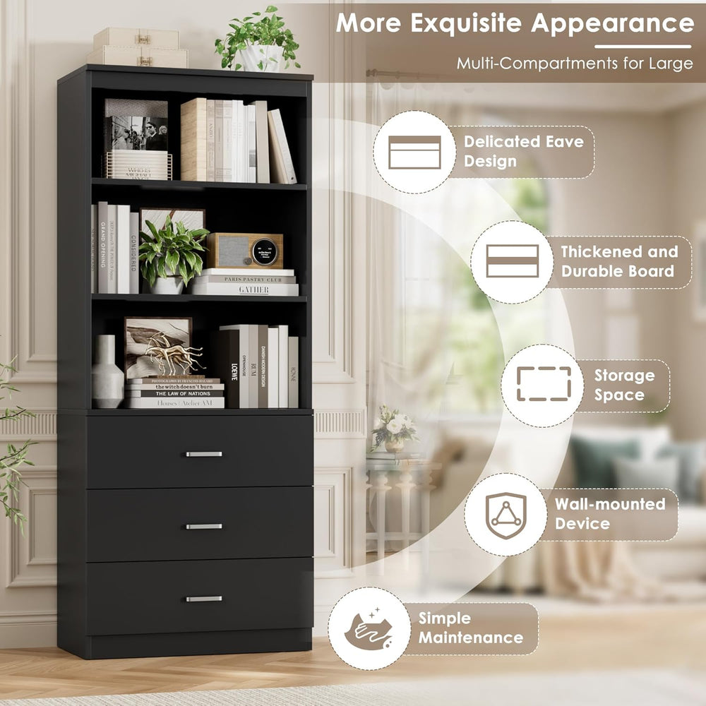 FOTOSOK 71" Black Bookshelf with 3 Drawers, Tall Bookshelf and Bookcase