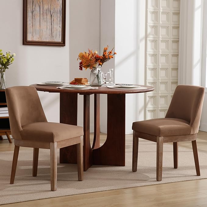 Modern Dining Chairs Set of 2, Comfortable Velvet Fabric Upholstered Kitchen Side Chairs with Back and Wood Legs for Living Room, Khaki