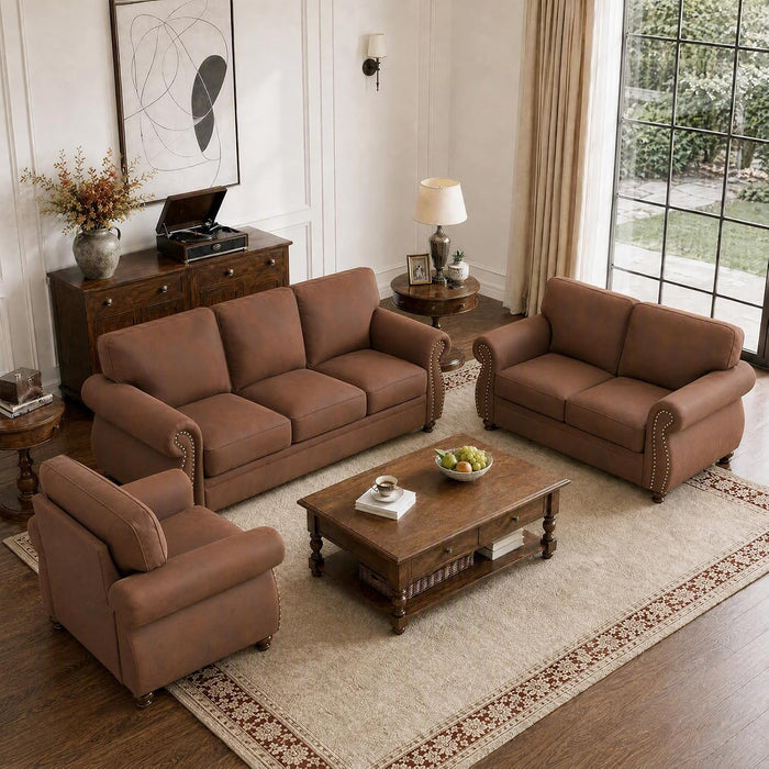 Couchus 3-Piece Sofa Set, 88" 3-Seater, 77" Loveseat, 42" Armchair, Rust