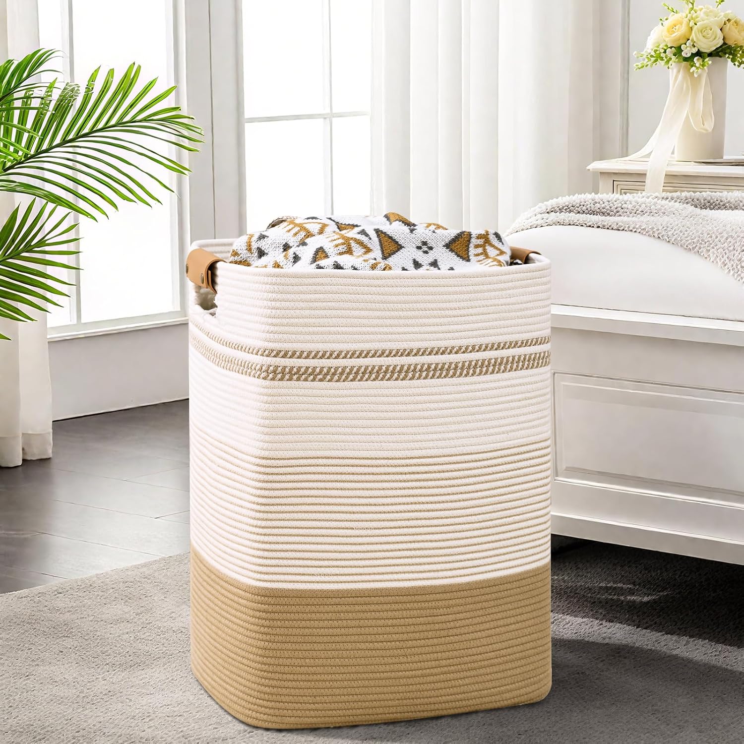Laundry Hamper, 75L Tall Laundry Basket with Leather Handles, Rectangle Large Clothes Hamper for Organizing, Cotton Woven Laundry Baskets Storage Hampers for Bedroom, Nursery, Living Room