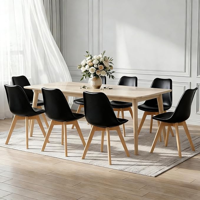 Dining Chairs Set of 8, Modern Upholstered Dining Room Chairs with PU Leather Padded Seat, Armless Kitchen Chairs with Curved Backrest and Solid Wood Legs for Dining Room, Kitchen, Apartment, Black