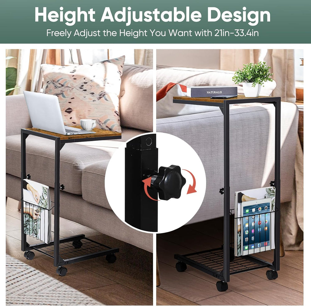 C Shaped Side Table Small End Table with Wheels Slide Under Couch Table for S...