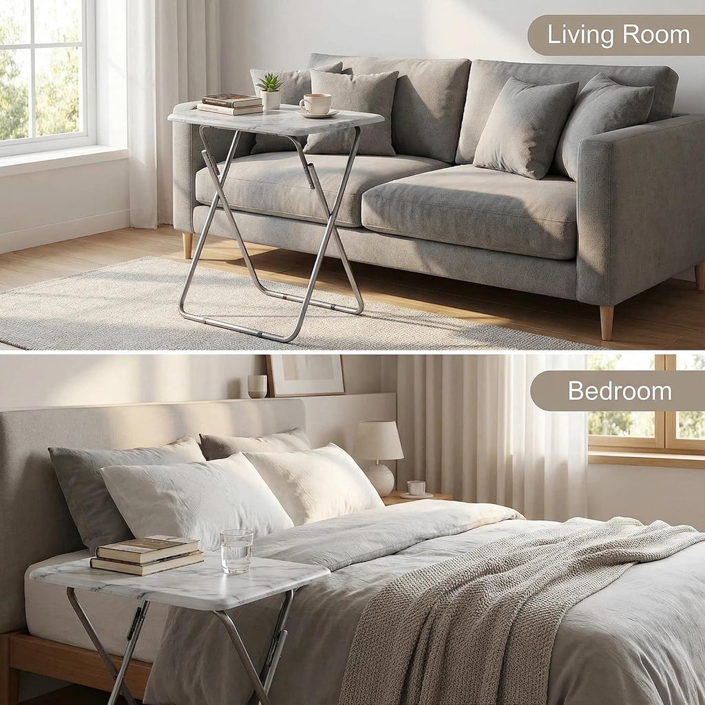 Tv Trays Folding Tv Table, Dinner Table for Eating with Sturdy Metal Frame, Small Foldable Snack Trays Table for Living Room, Couch,Sofa, Bed, No Assembly Required (White Marble)