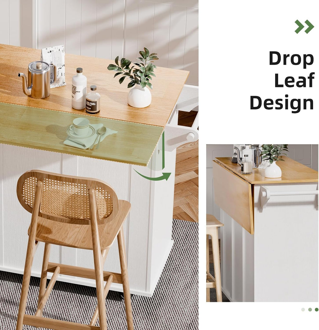 Kitchen Island with Storage, Rolling Kitchen Island Cart with Drop Leaf, Storage Drawers, Spice Rack, and Towel Rack for Kitchen and Dining Room, White