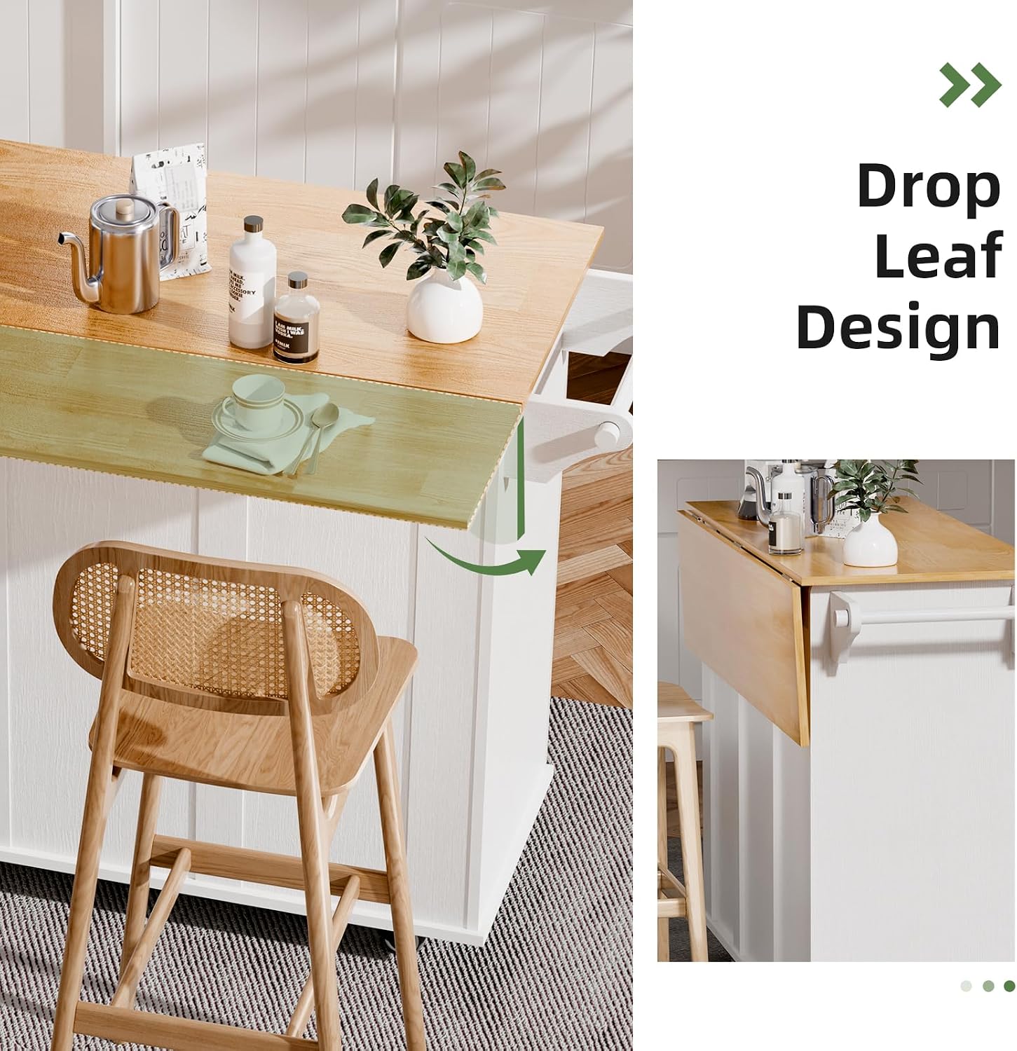 Kitchen Island with Storage, Rolling Kitchen Island Cart with Drop Leaf, Storage Drawers, Spice Rack, and Towel Rack for Kitchen and Dining Room, White