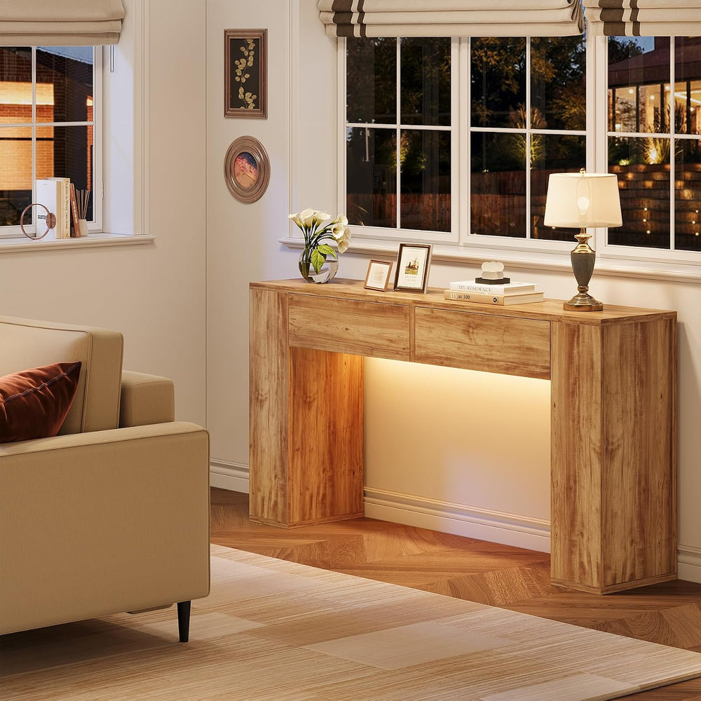 Farmhouse Console Table with LED Light and 2 Drawers, Natural Oak | 55 inch L...