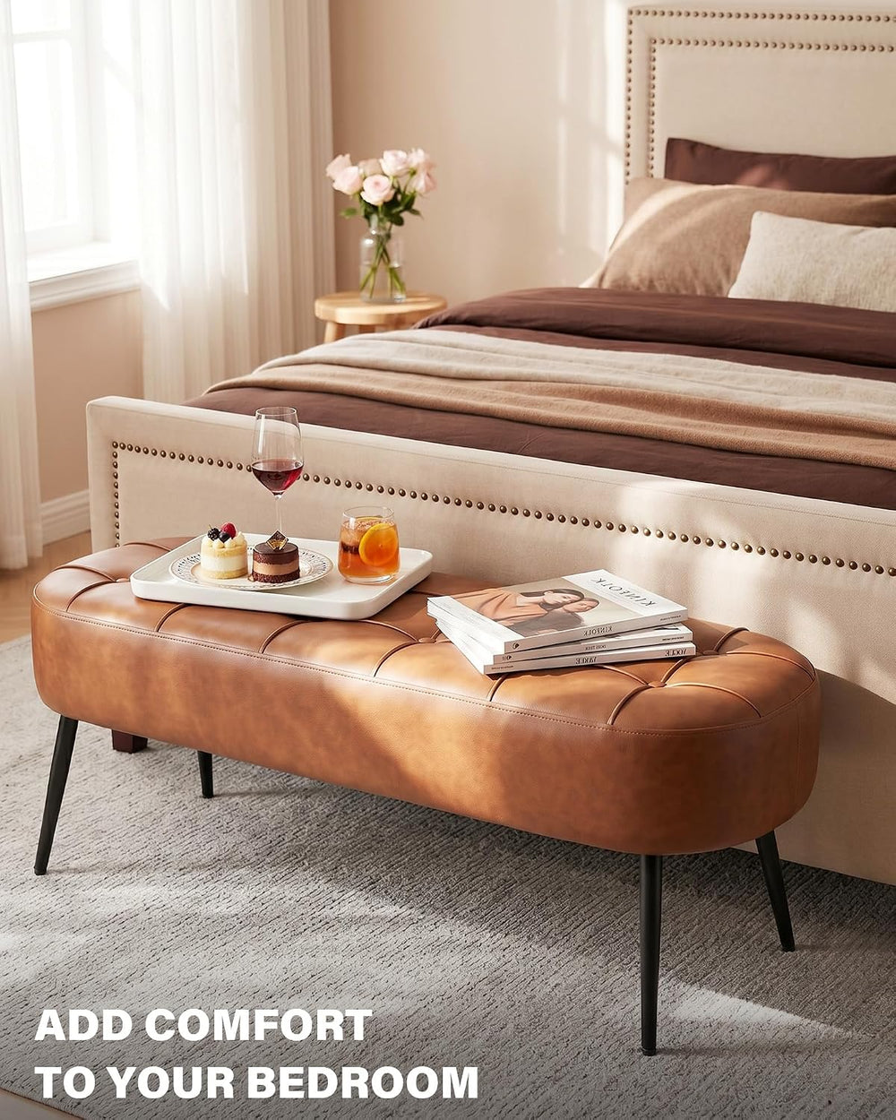 Entryway Bench, Modern PU Leather Upholstered End of Bed Bench Brown