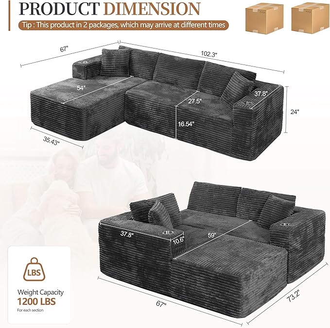 Vongrasig 103" Boneless Couches for Living Room,Sectional Couches Modular Sofa with L-Shaped Chaise, Memory Foam Comfy Cloud Couch with Plush Corduroy Fabric, No Assembly Required, Dark Grey