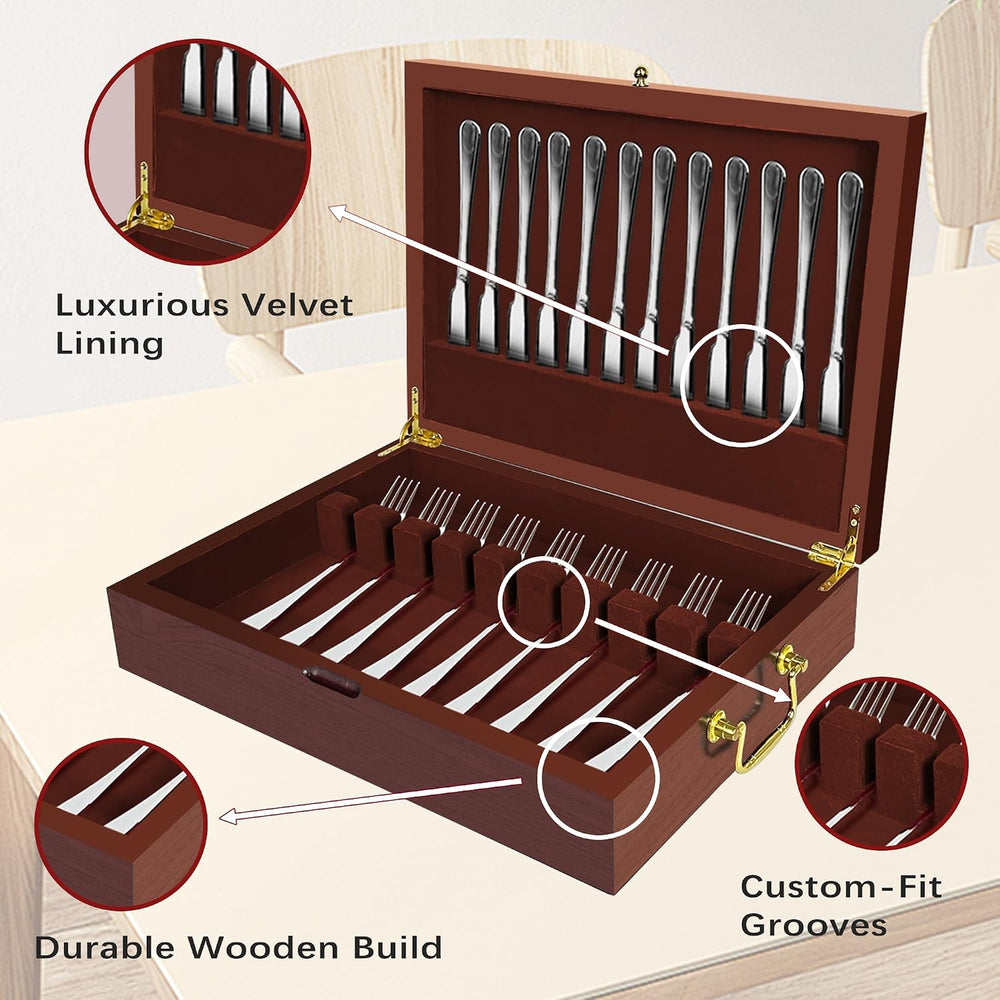 Silverware Storage Box Solid Wood with Lid, Silverware Organizer with Handle ...