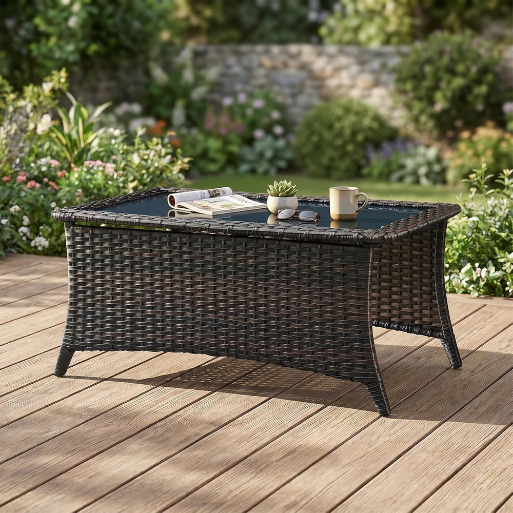 Belord Outdoor Coffee Table with Tempered Glass Top, Patio Rectangular Brown ...