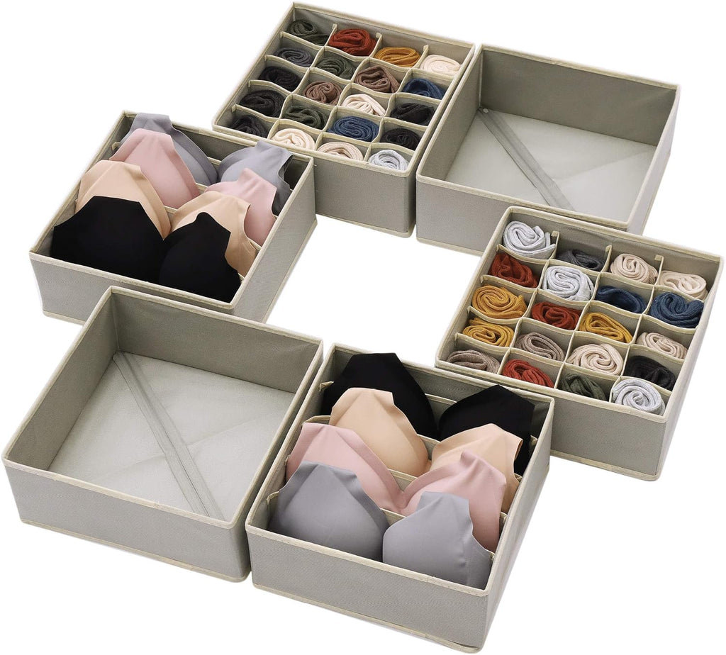 DIOMMELL Set of 6 Foldable Cloth Storage Box Closet Dresser Drawer Organizer Fabric Baskets Bins Containers Divider for Clothes Underwear Bras Socks Lingerie Clothing, Grey 22-2000