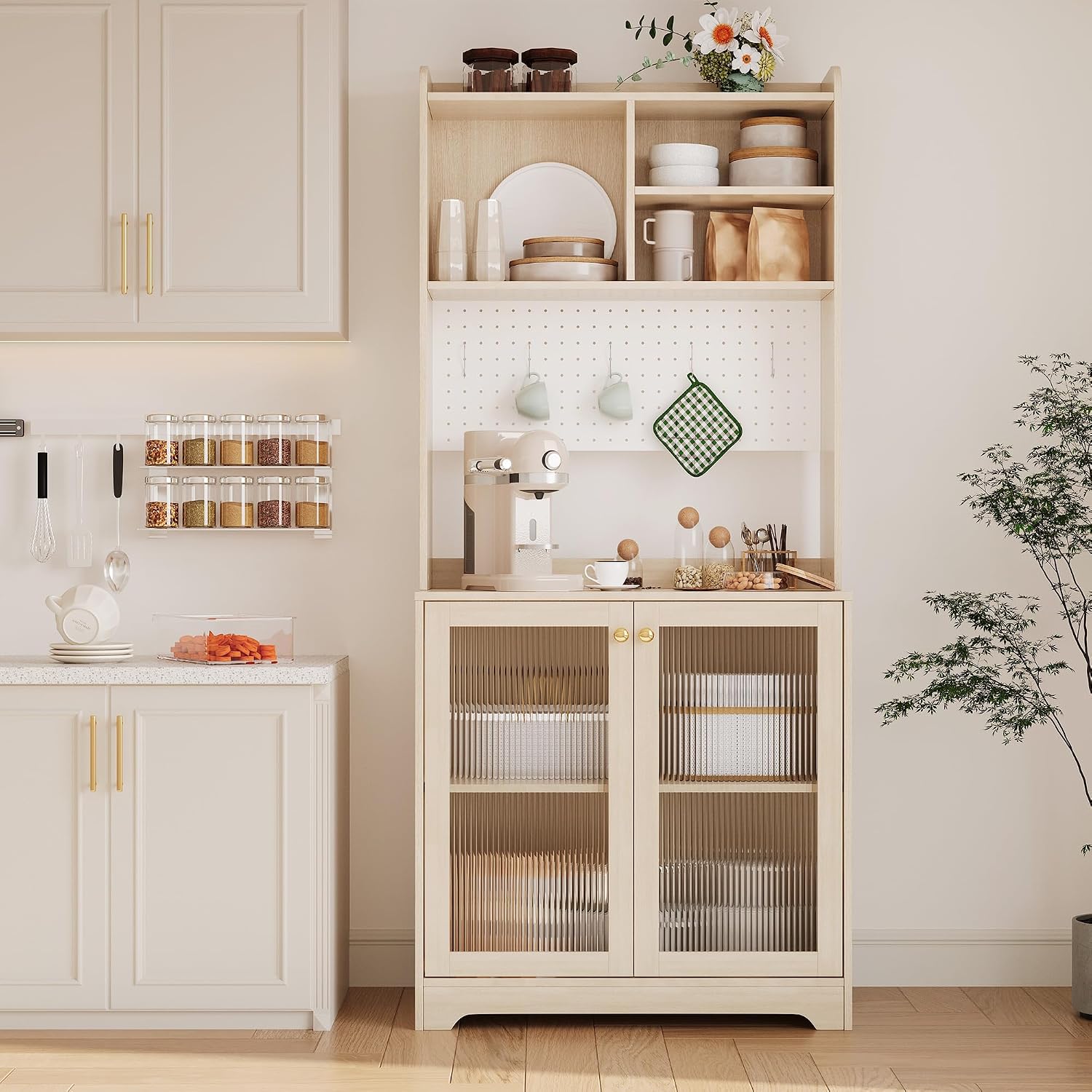Kitchen Pantry Storage Cabinet, 71" Tall Food Pantry Cabinet with Microwave Stand, Farmhouse Kitchen Hutch with Open Storage & Adjustable Shelves Living Room