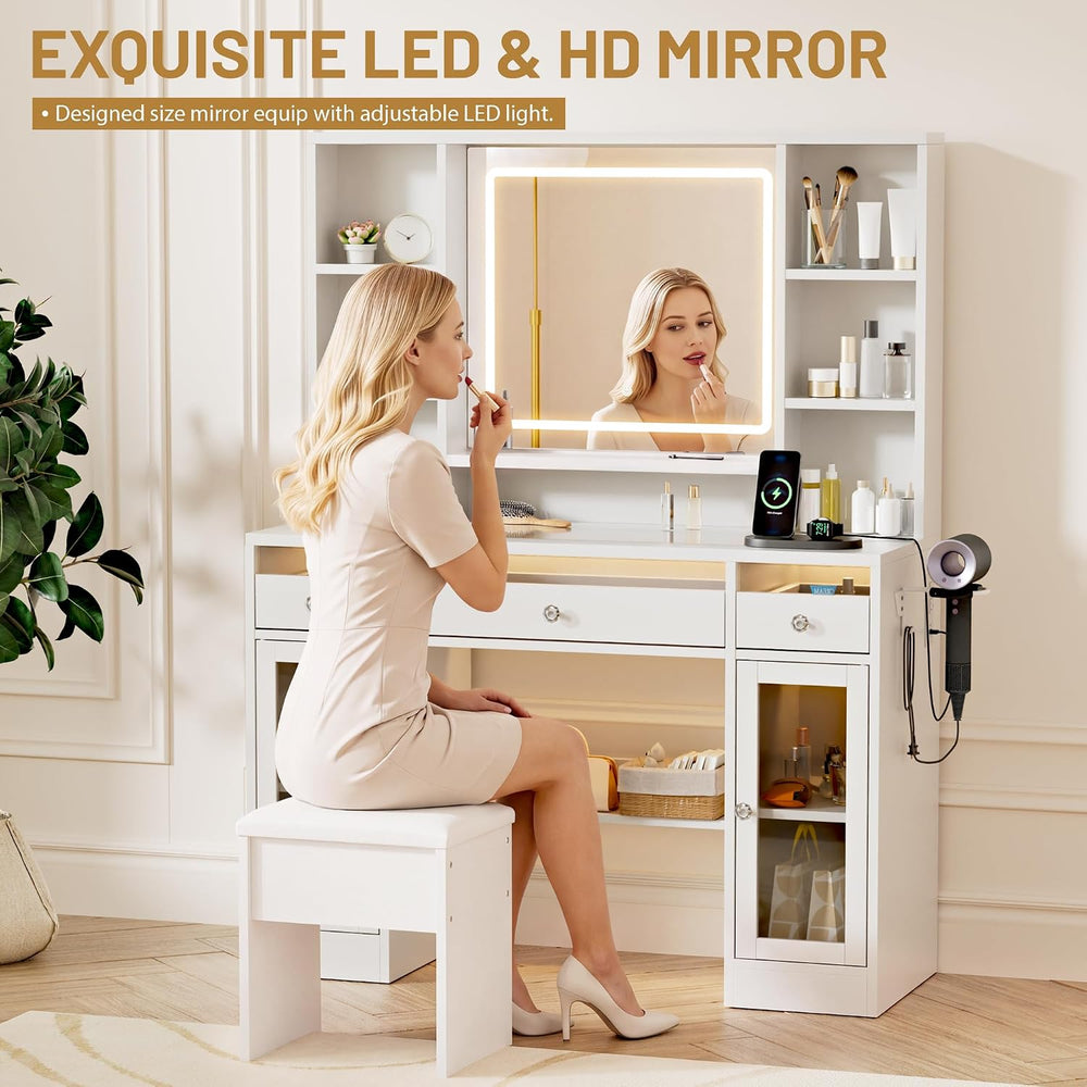 LIVELYGLOW 43.3" White Large Makeup Vanity Desk with Glass Top & RGB...