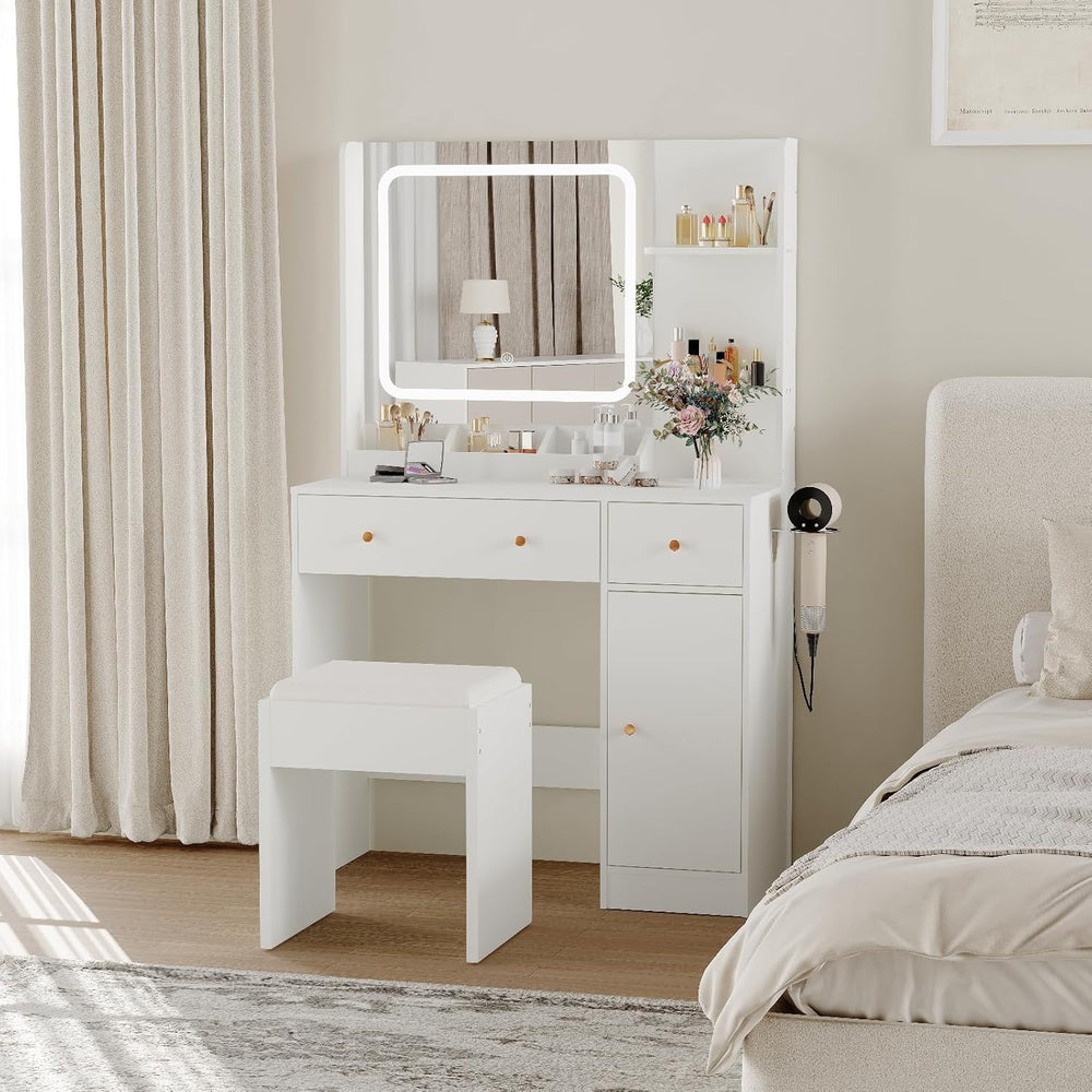 HaHarmoHaby Vanity Desk with Lighted Mirror, Makeup Vanity Table with 4 Drawe...