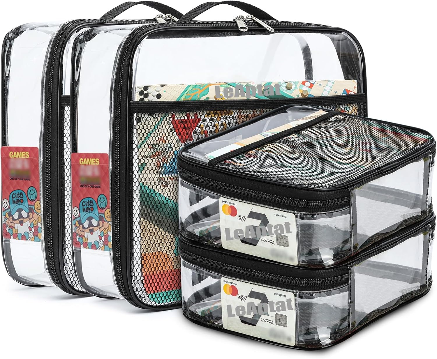 4 Pack Clear PVC Waterproof Toy Storage Bags with Name Tag Pockets - Zippered Organizer for 2x4 Building Blocks, Puzzles, Travel Toiletries, Kids Room Organization (Black, S & M)