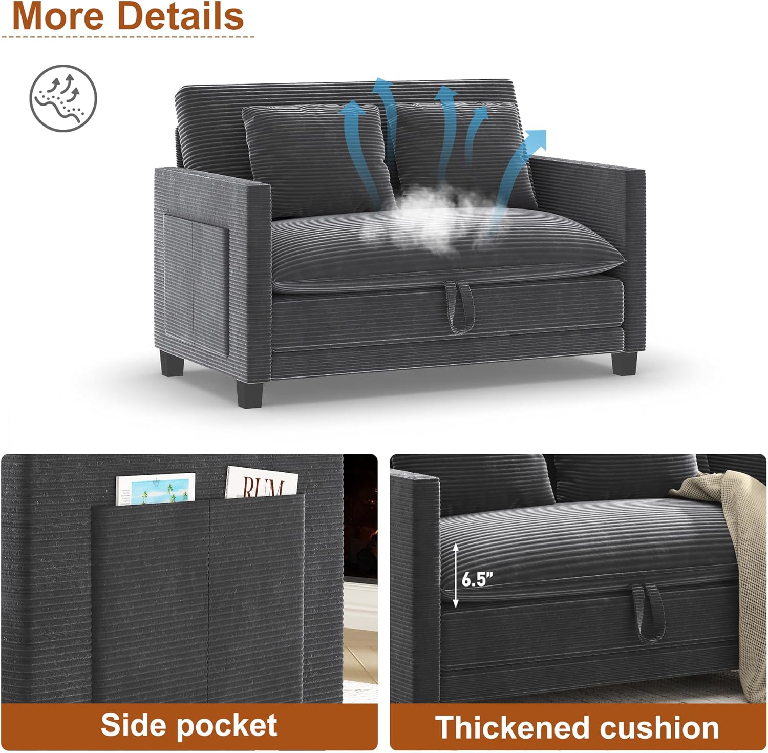 XVD 51 Inch Convertible Sofa Bed Sleeper with Storage Pockets & 2 Pillows - 2-in-1 Folding Loveseat for Small Spaces, Modern Corduroy Loveseat for Apartment, Living Room, Guest Room, Grey