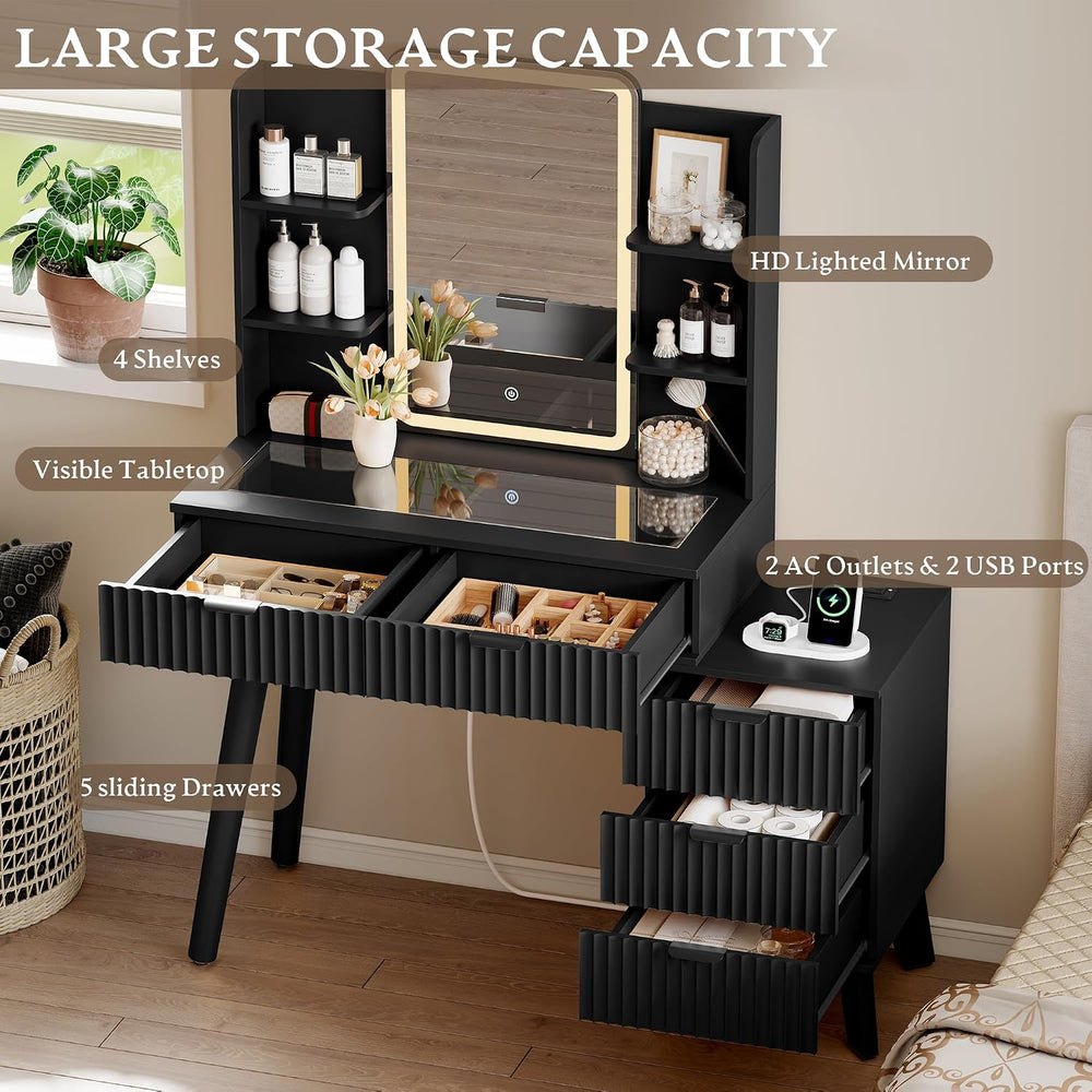 Vanity Desk With HD Lighted Mirror and Lights, Fluted Small Makeup Vanity wit...