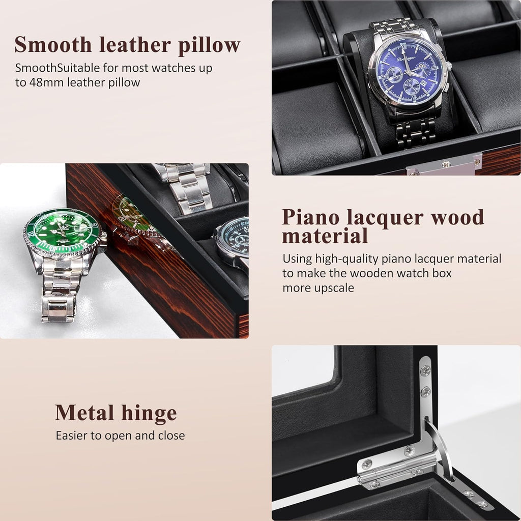 BEWISHOME Watch Box, 10-Slot Wooden Watch Case, Mens Watch Box for Men Watch Storage Organizer, Watch Holder Watch Display Case for Anniversary Birthday Brown SSH10Y