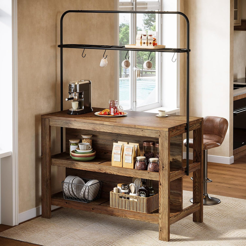 Solid Wood Kitchen Island with Storage, 47-Inch Farmhouse Stationary Island Table with Seating and 5 Hooks, Counter Height Bar Table for Kitchen, Dining Room, Rustic Brown
