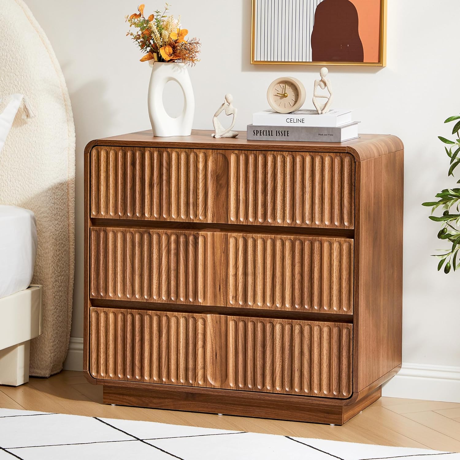 Turtle&Myrtle Fluted 3 Drawer Dressers for Bedroom, 31.5" Wide Large Mid Century Modern Nightstand W/3 Storage Drawers, Wood Dresser & Chest of Drawers with Curved Profile for Living Room (Walnut)